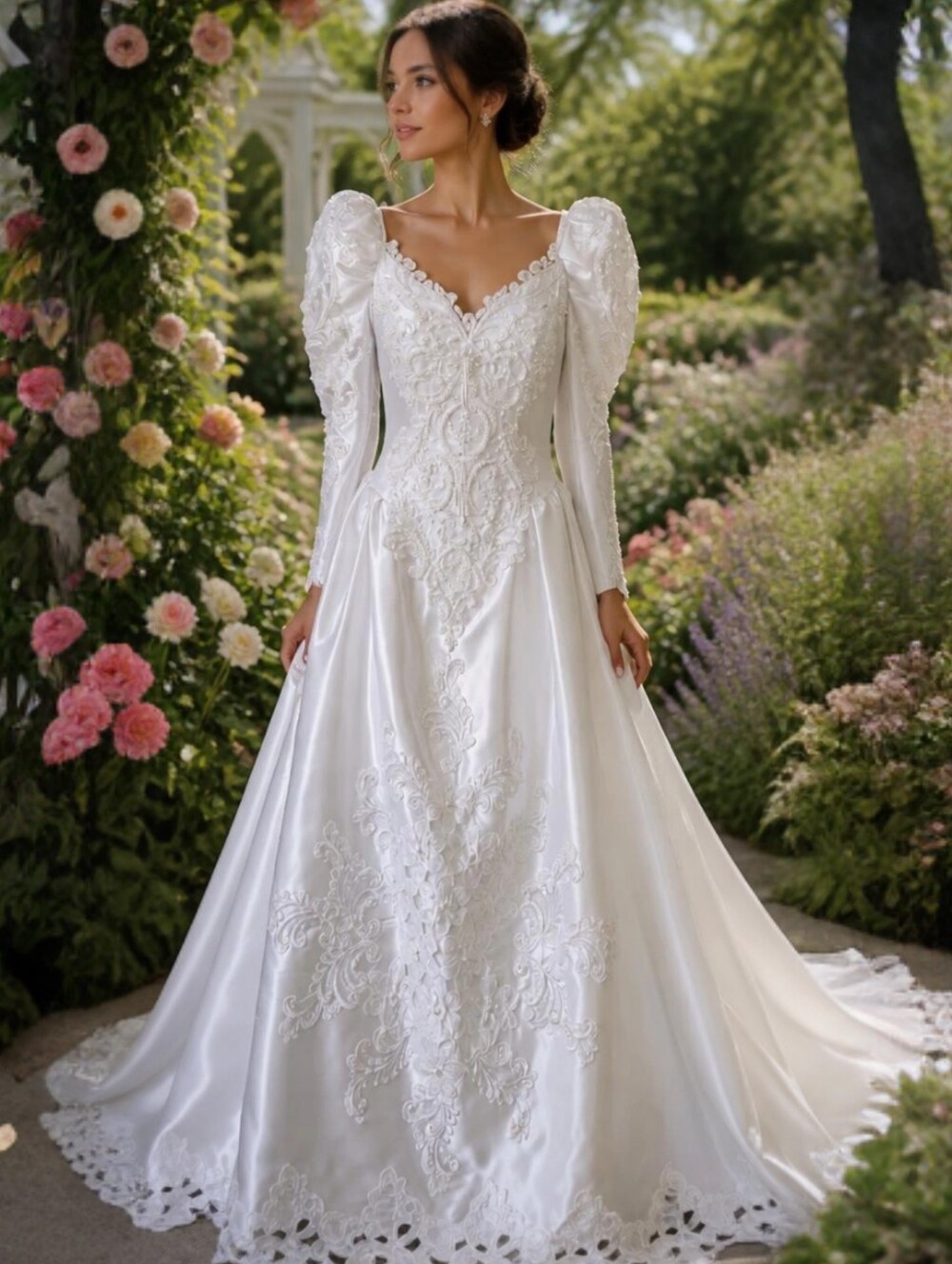 Vintage Bonny Bridal Satin Wedding Dress Beaded 8ft. Cathedral Train Size 10